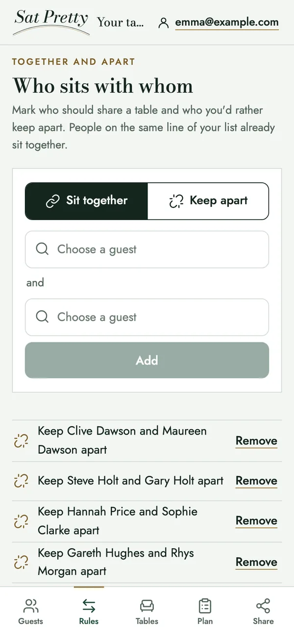The Together and apart screen. Pick two guests to sit together or keep apart. Below, four rules keep pairs of guests apart.
